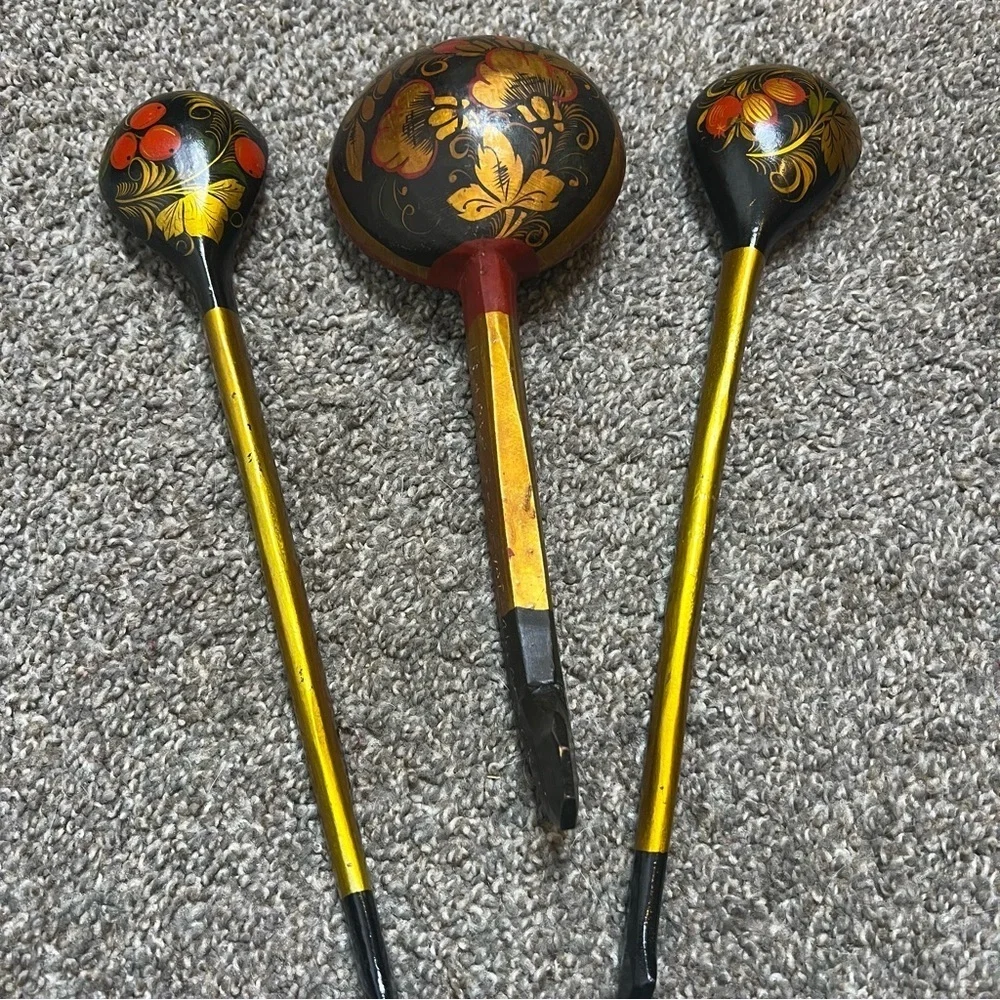 vintage painted lacquered spoons Russian Khokhloma ladle large spoon lot